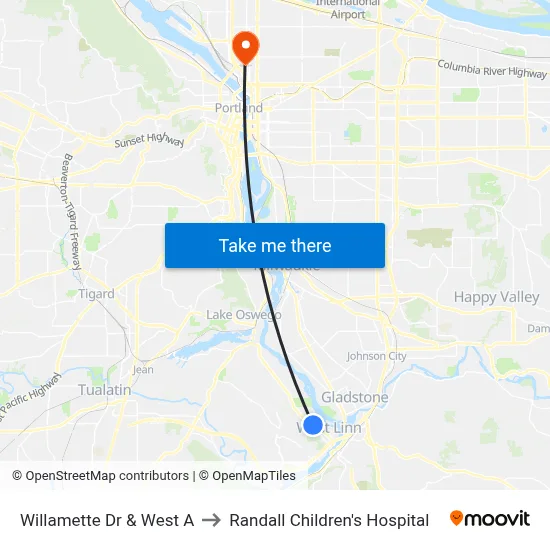 Willamette Dr & West A to Randall Children's Hospital map