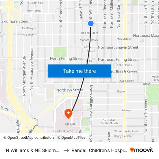 N Williams & NE Skidmore to Randall Children's Hospital map