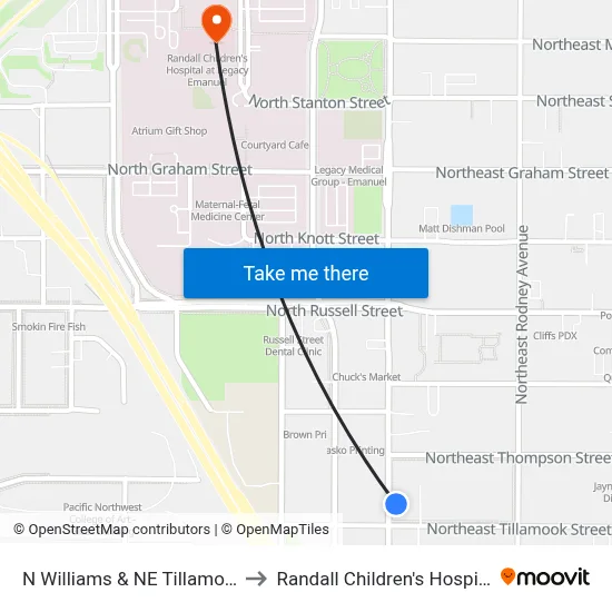 N Williams & NE Tillamook to Randall Children's Hospital map