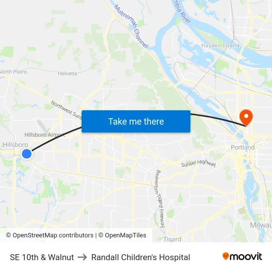 SE 10th & Walnut to Randall Children's Hospital map