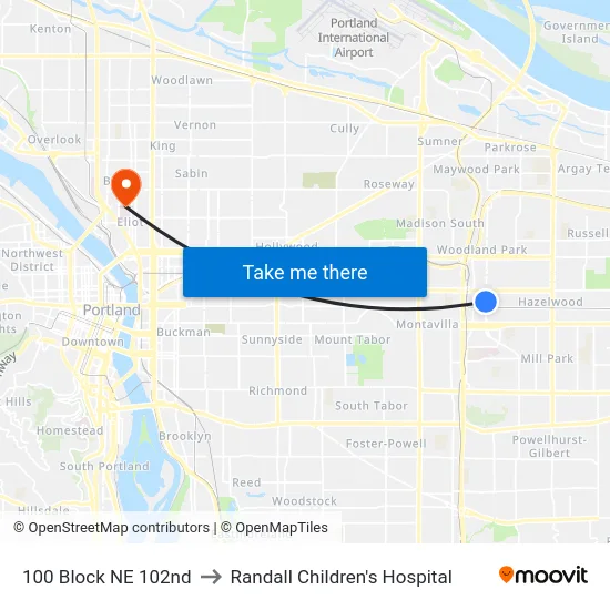100 Block NE 102nd to Randall Children's Hospital map