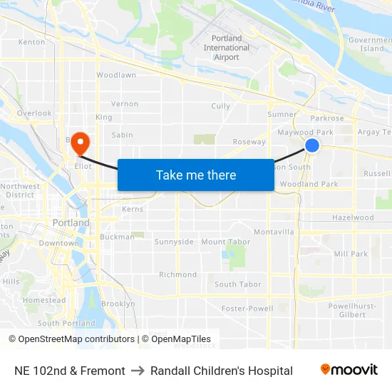 NE 102nd & Fremont to Randall Children's Hospital map