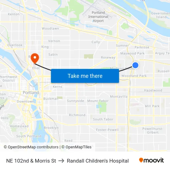 NE 102nd & Morris St to Randall Children's Hospital map