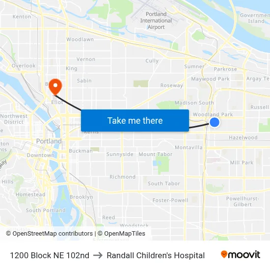 1200 Block NE 102nd to Randall Children's Hospital map