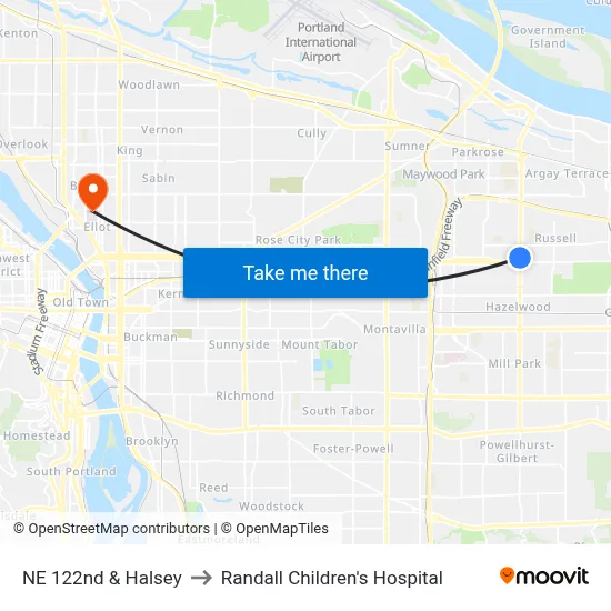 NE 122nd & Halsey to Randall Children's Hospital map
