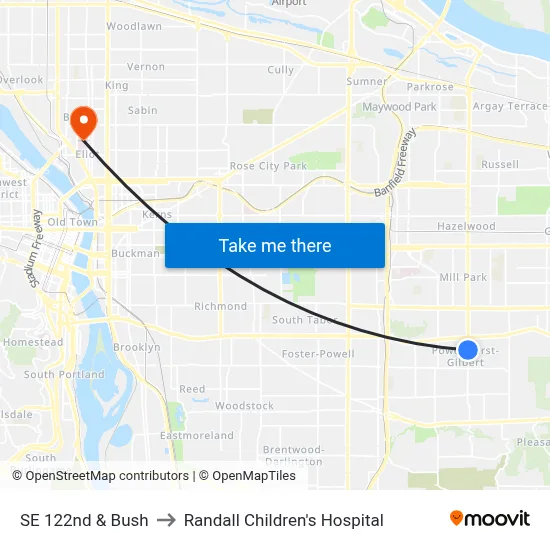 SE 122nd & Bush to Randall Children's Hospital map