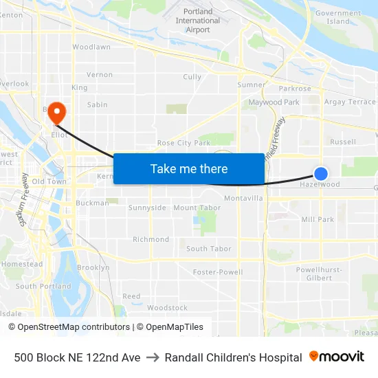 500 Block NE 122nd Ave to Randall Children's Hospital map