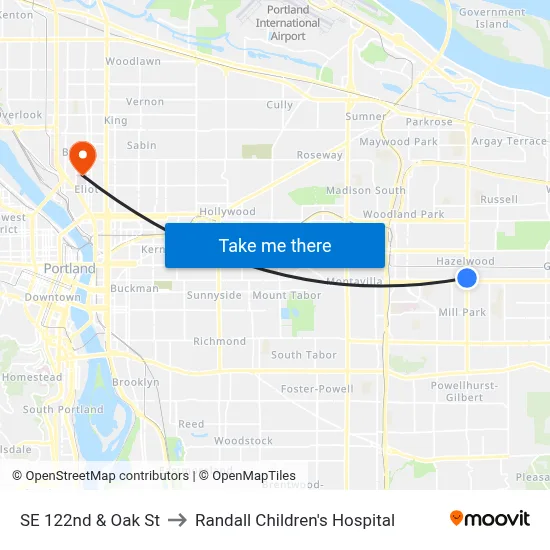 SE 122nd & Oak St to Randall Children's Hospital map