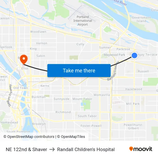 NE 122nd & Shaver to Randall Children's Hospital map