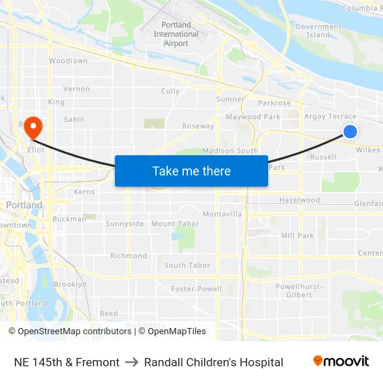 NE 145th & Fremont to Randall Children's Hospital map
