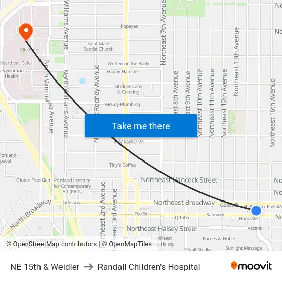 NE 15th & Weidler to Randall Children's Hospital map