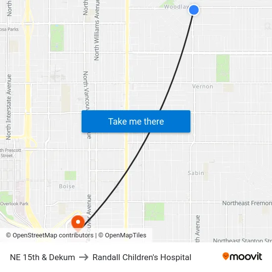 NE 15th & Dekum to Randall Children's Hospital map
