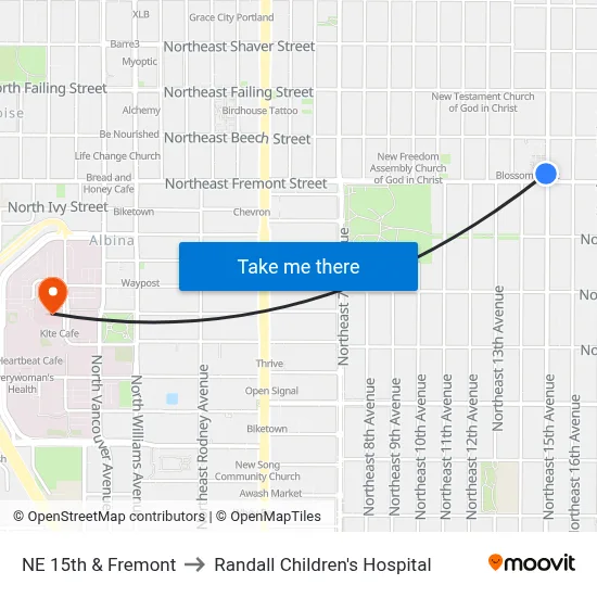 NE 15th & Fremont to Randall Children's Hospital map
