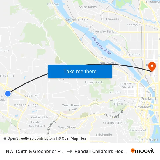 NW 158th & Greenbrier Pkwy to Randall Children's Hospital map