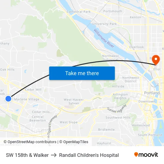 SW 158th & Walker to Randall Children's Hospital map