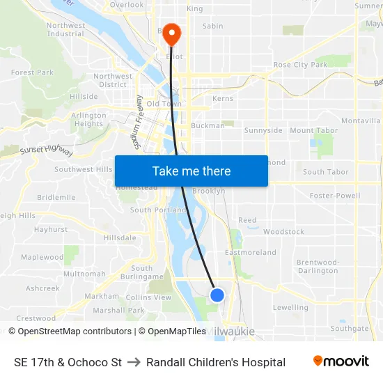 SE 17th & Ochoco St to Randall Children's Hospital map