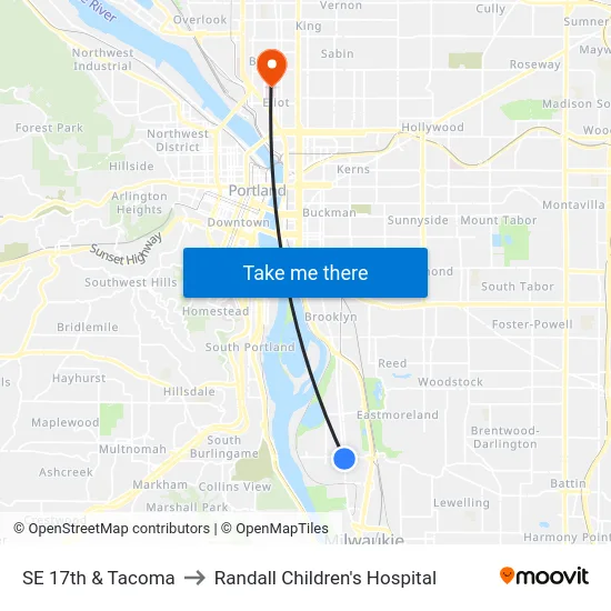 SE 17th & Tacoma to Randall Children's Hospital map