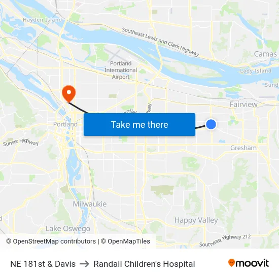 NE 181st & Davis to Randall Children's Hospital map