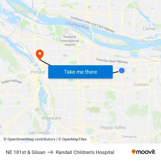 NE 181st & Glisan to Randall Children's Hospital map