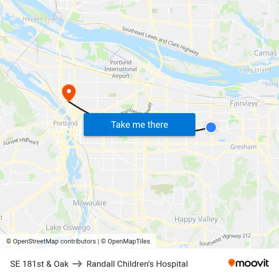 SE 181st & Oak to Randall Children's Hospital map