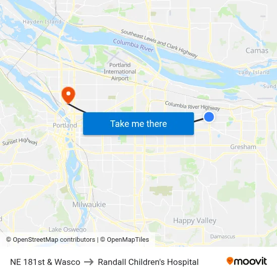 NE 181st & Wasco to Randall Children's Hospital map