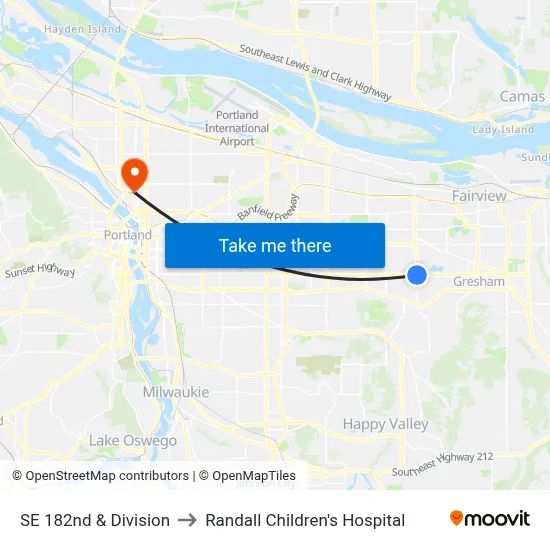 SE 182nd & Division to Randall Children's Hospital map