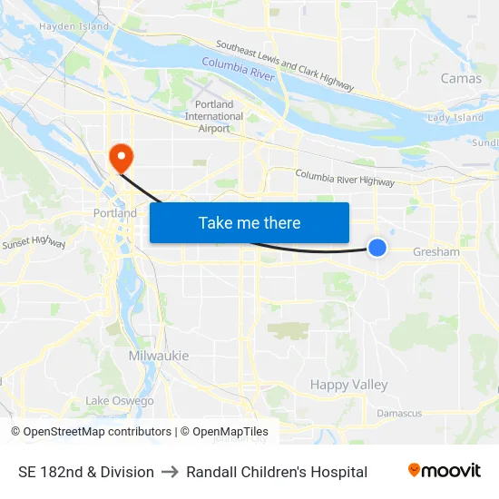 SE 182nd & Division to Randall Children's Hospital map