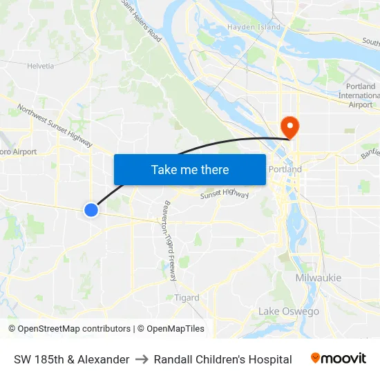 SW 185th & Alexander to Randall Children's Hospital map