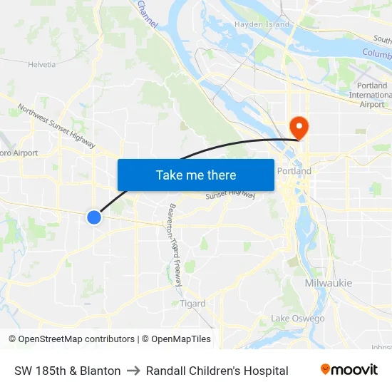 SW 185th & Blanton to Randall Children's Hospital map