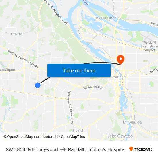 SW 185th & Honeywood to Randall Children's Hospital map
