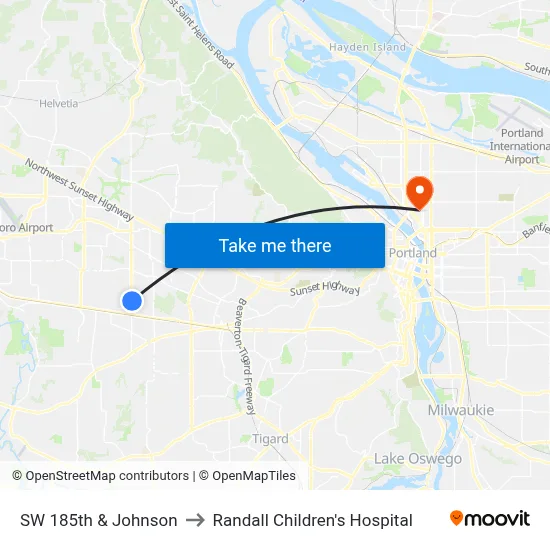 SW 185th & Johnson to Randall Children's Hospital map
