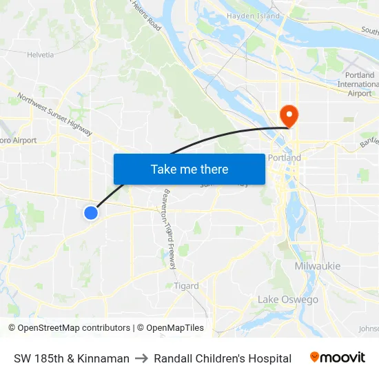 SW 185th & Kinnaman to Randall Children's Hospital map