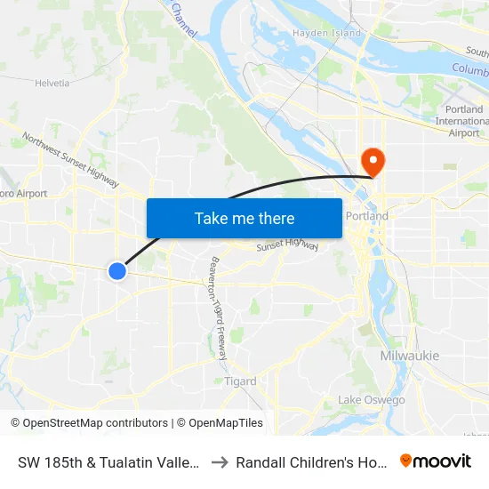 SW 185th & Tualatin Valley Hwy to Randall Children's Hospital map