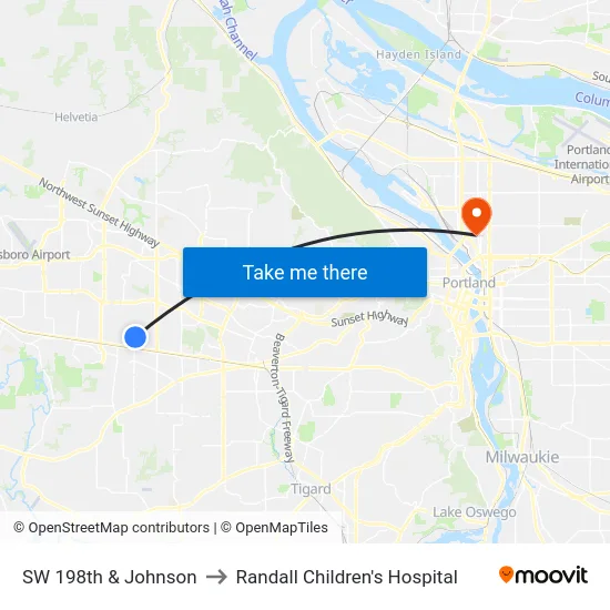 SW 198th & Johnson to Randall Children's Hospital map