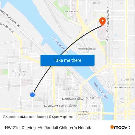 NW 21st & Irving to Randall Children's Hospital map