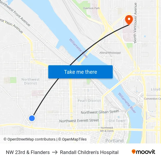 NW 23rd & Flanders to Randall Children's Hospital map