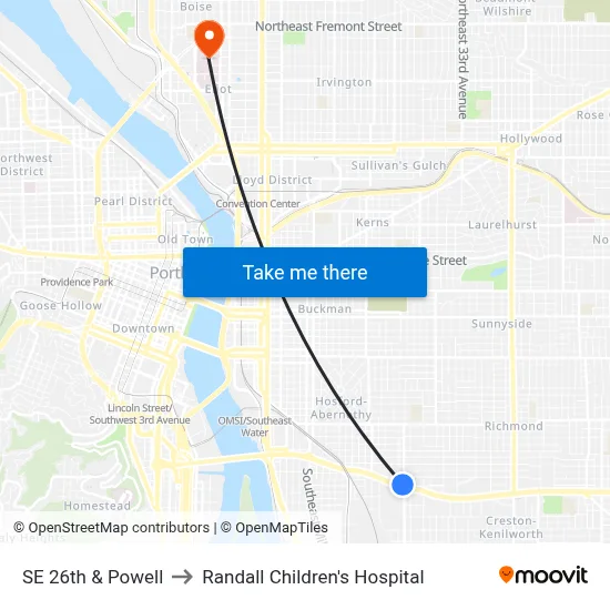 SE 26th & Powell to Randall Children's Hospital map