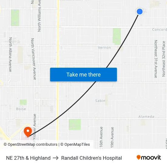NE 27th & Highland to Randall Children's Hospital map