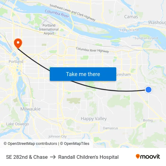 SE 282nd & Chase to Randall Children's Hospital map
