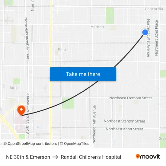 NE 30th & Emerson to Randall Children's Hospital map