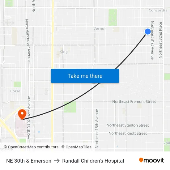 NE 30th & Emerson to Randall Children's Hospital map