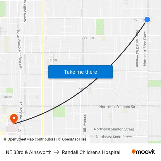 NE 33rd & Ainsworth to Randall Children's Hospital map