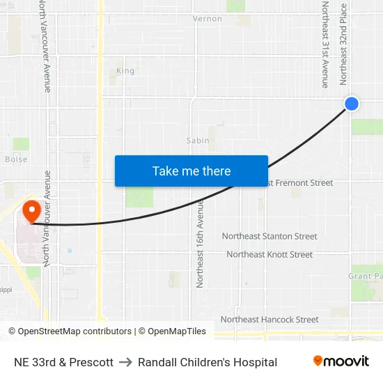 NE 33rd & Prescott to Randall Children's Hospital map