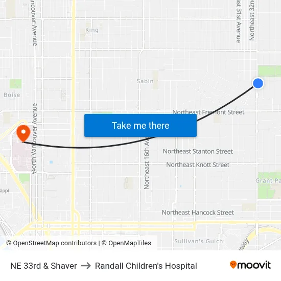 NE 33rd & Shaver to Randall Children's Hospital map