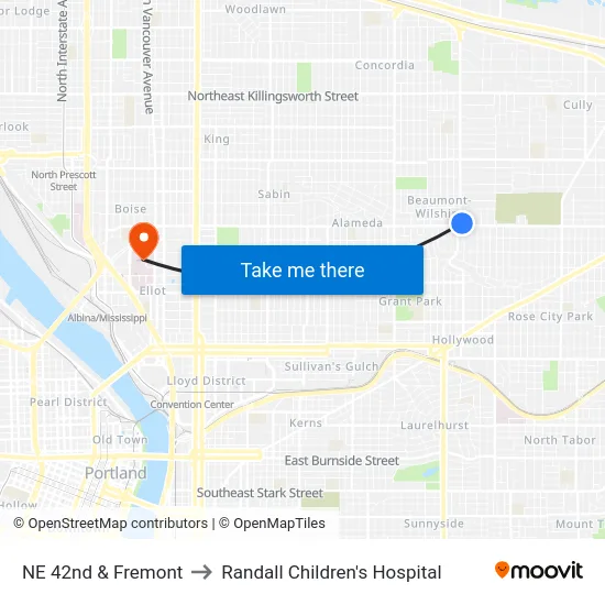 NE 42nd & Fremont to Randall Children's Hospital map
