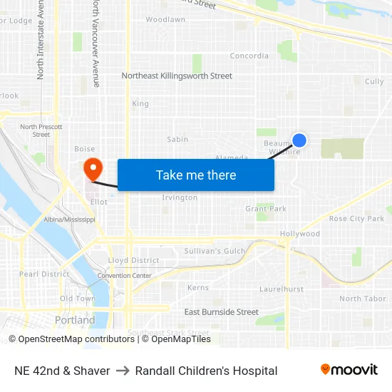 NE 42nd & Shaver to Randall Children's Hospital map
