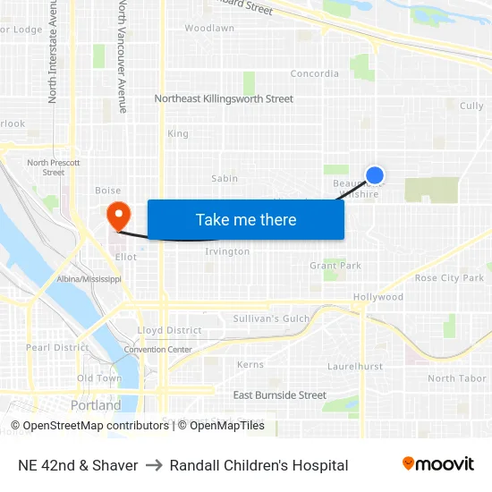 NE 42nd & Shaver to Randall Children's Hospital map