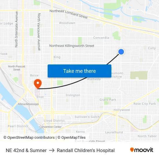 NE 42nd & Sumner to Randall Children's Hospital map