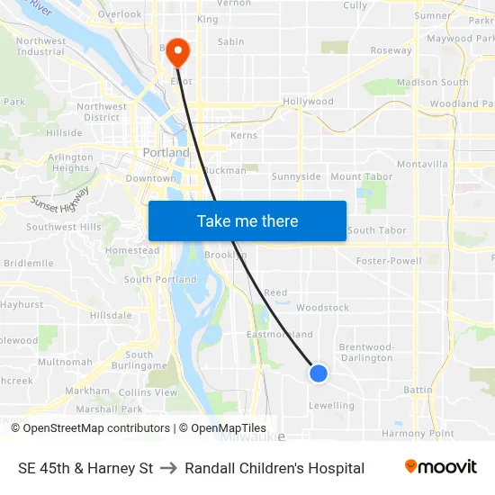 SE 45th & Harney St to Randall Children's Hospital map