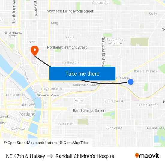 NE 47th & Halsey to Randall Children's Hospital map